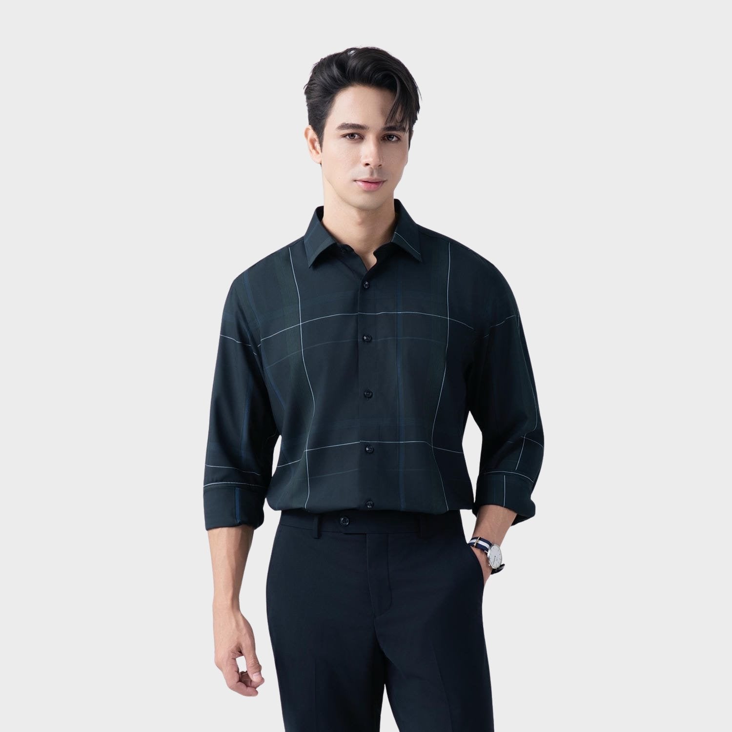 Navy blue moss green patterned stripe