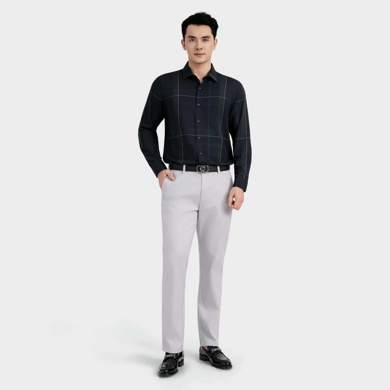 Navy blue moss green patterned stripe