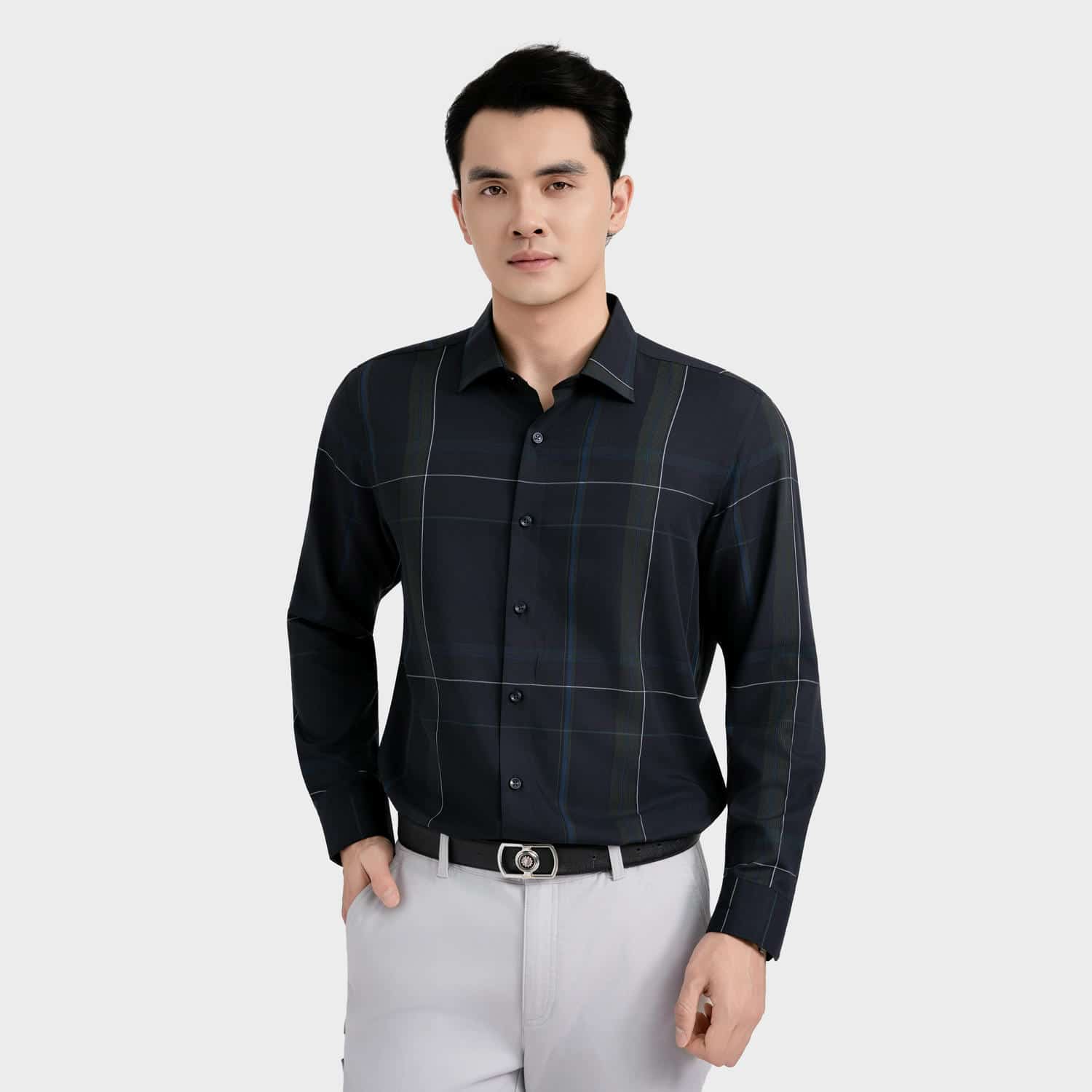 Navy blue moss green patterned stripe